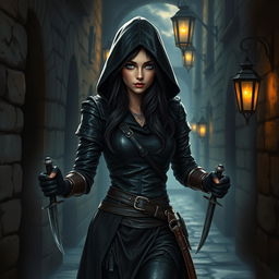 A beautiful female rogue character in dark leather armor with strikingly beautiful blue eyes and long luscious black hair cascading from her hood