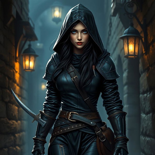 A beautiful female rogue character in dark leather armor with strikingly beautiful blue eyes and long luscious black hair cascading from her hood