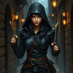 A beautiful female rogue character in dark leather armor with strikingly beautiful blue eyes and long luscious black hair cascading from her hood