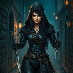 A beautiful female rogue character in dark leather armor with strikingly beautiful blue eyes and long luscious black hair cascading from her hood