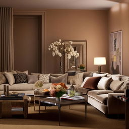 A classically elegant and cosy living room with a warm color palette, lush textiles, a comfortable sectional sofa, a chic coffee table, stylish wall art, and ambient lighting.