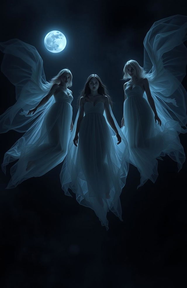 Three women dressed in ghostly attire, floating serenely in a shadowy, dark scene