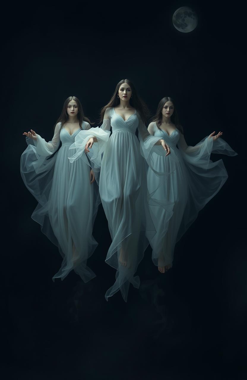 Three women dressed in ghostly attire, floating serenely in a shadowy, dark scene