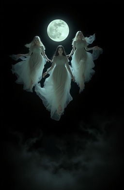 Three women dressed in ghostly attire, floating serenely in a shadowy, dark scene