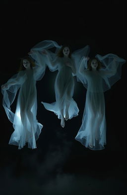 Three women dressed in ghostly attire, floating serenely in a shadowy, dark scene
