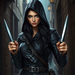 A strikingly beautiful female rogue character, clad in dark leather armor that glistens subtly in the dim light of a medieval city alley