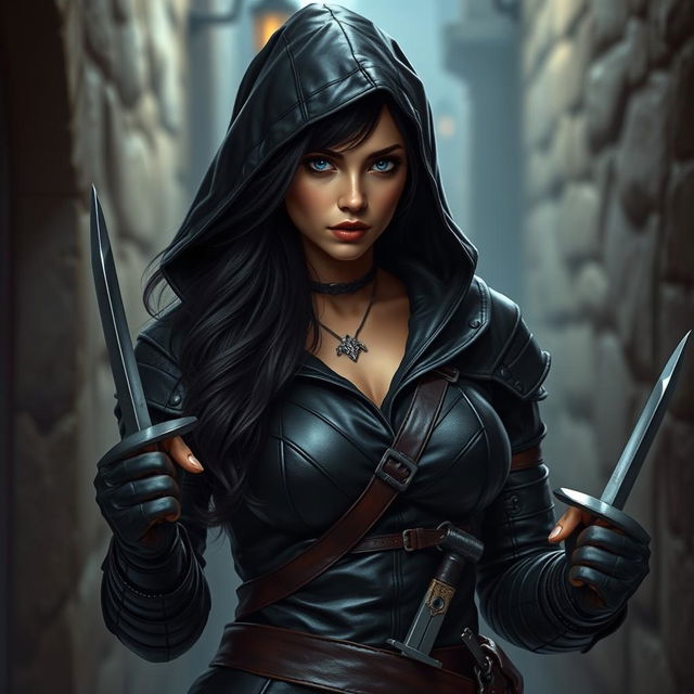 A strikingly beautiful female rogue character, clad in dark leather armor that glistens subtly in the dim light of a medieval city alley