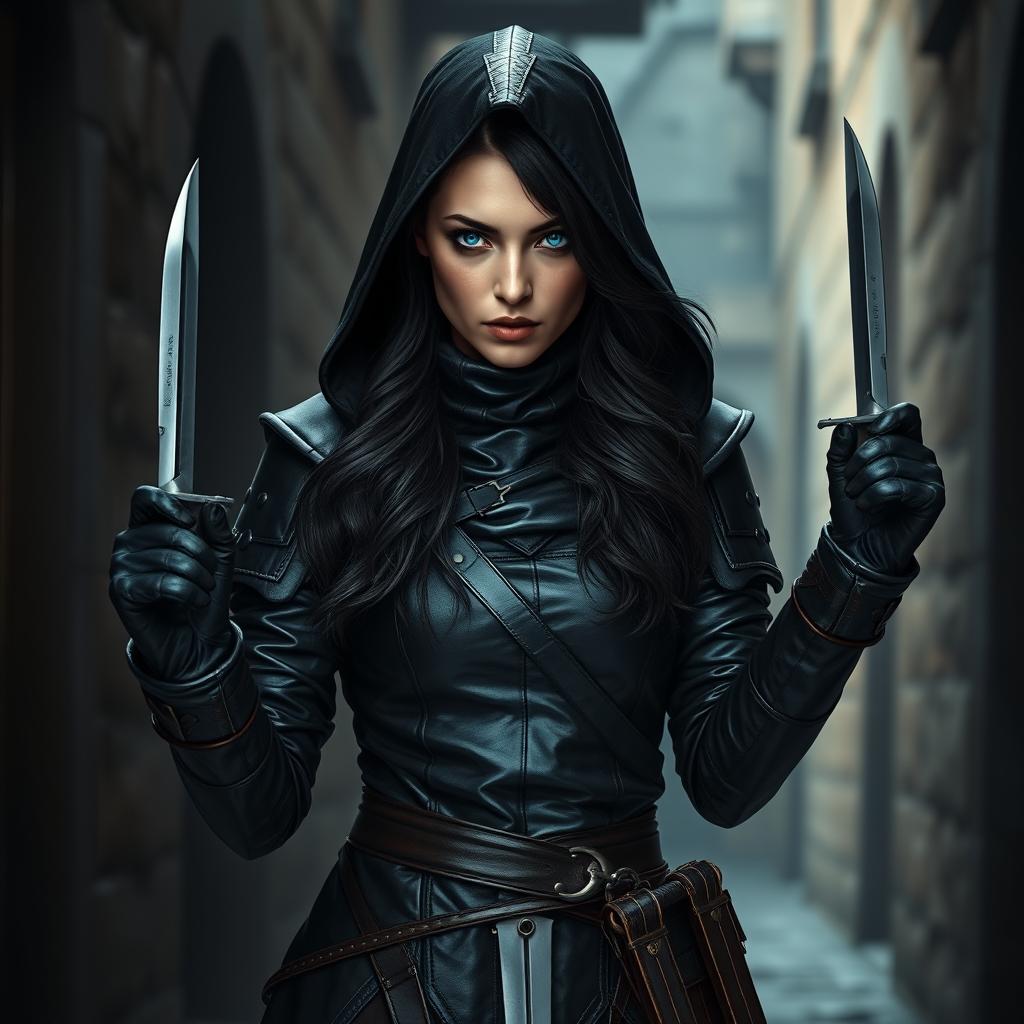 A strikingly beautiful female rogue character, clad in dark leather armor that glistens subtly in the dim light of a medieval city alley