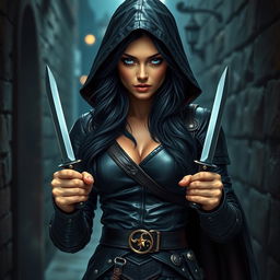 A strikingly beautiful female rogue character, clad in dark leather armor that glistens subtly in the dim light of a medieval city alley