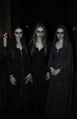 Three eerie women standing in a dark, dimly lit environment