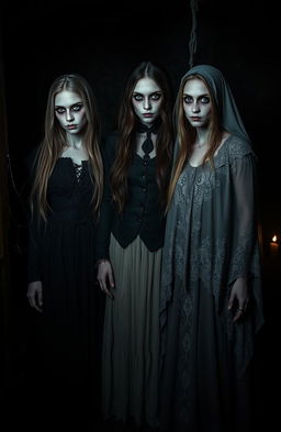 Three eerie women standing in a dark, dimly lit environment