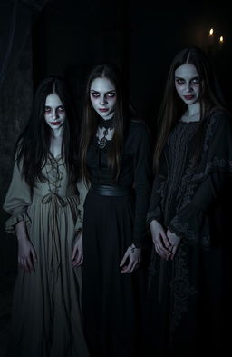 Three eerie women standing in a dark, dimly lit environment