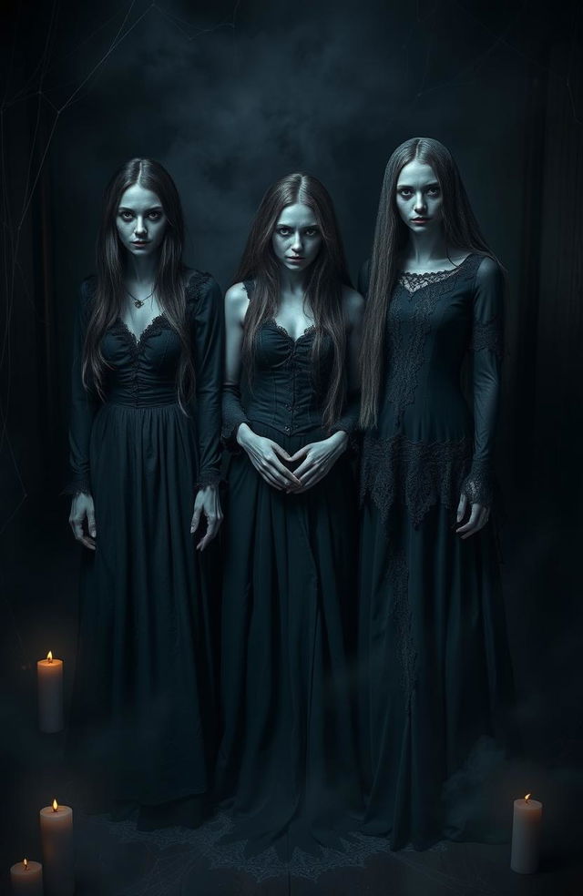 Three eerie women standing in a dark, dimly lit environment