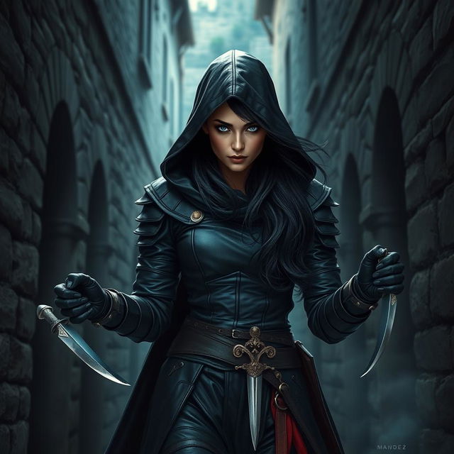 A strikingly beautiful female rogue character in a medieval setting, clad in dark leather armor that conceals her form yet accentuates her silhouette