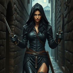 A strikingly beautiful female rogue character in a medieval setting, clad in dark leather armor that conceals her form yet accentuates her silhouette