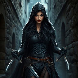 A strikingly beautiful female rogue character in a medieval setting, clad in dark leather armor that conceals her form yet accentuates her silhouette