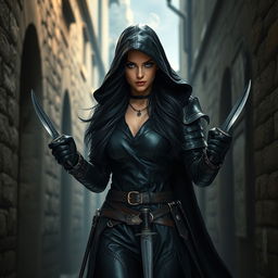 A strikingly beautiful female rogue character in a medieval setting, clad in dark leather armor that conceals her form yet accentuates her silhouette