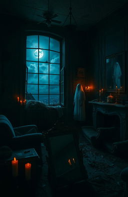 A chilling horror scene set in an abandoned, decrepit mansion, dimly lit by flickering candles that cast eerie shadows across the walls