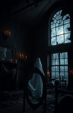 A chilling horror scene set in an abandoned, decrepit mansion, dimly lit by flickering candles that cast eerie shadows across the walls