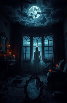 A chilling horror scene set in an abandoned, decrepit mansion, dimly lit by flickering candles that cast eerie shadows across the walls