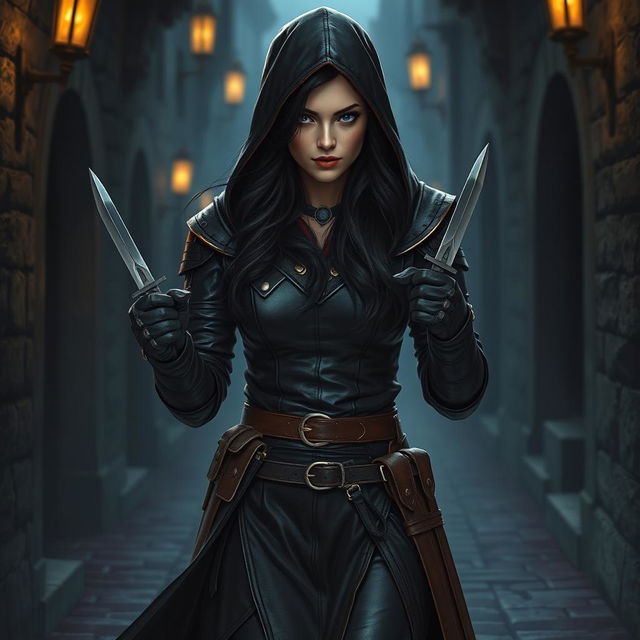 A human female rogue character, clad in dark leather armor, walks stealthily down a dimly lit medieval city alley