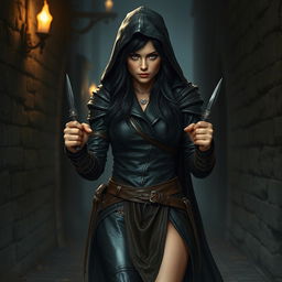 A human female rogue character, clad in dark leather armor, walks stealthily down a dimly lit medieval city alley