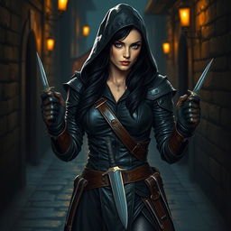 A human female rogue character, clad in dark leather armor, walks stealthily down a dimly lit medieval city alley