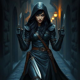 A human female rogue character, clad in dark leather armor, walks stealthily down a dimly lit medieval city alley