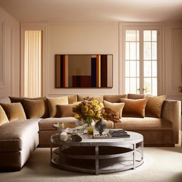 A classically elegant and cosy living room with a warm color palette, lush textiles, a comfortable sectional sofa, a chic coffee table, stylish wall art, and ambient lighting.