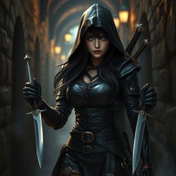 A captivating scene featuring a human female rogue character, expertly clad in dark leather armor that hugs her form