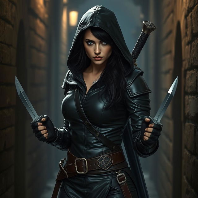 A strikingly beautiful female rogue walking stealthily through a dimly lit medieval city alley