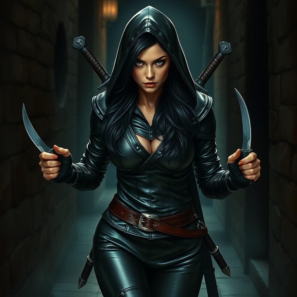 A strikingly beautiful female rogue walking stealthily through a dimly lit medieval city alley