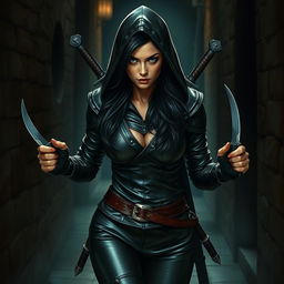 A strikingly beautiful female rogue walking stealthily through a dimly lit medieval city alley