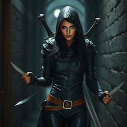 A strikingly beautiful female rogue walking stealthily through a dimly lit medieval city alley