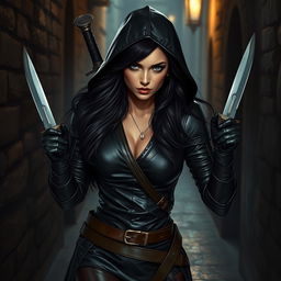 A strikingly beautiful female rogue walking stealthily through a dimly lit medieval city alley