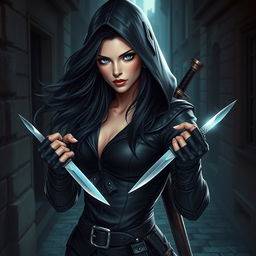 A stunning female rogue character with long, luscious black hair flowing from her hood