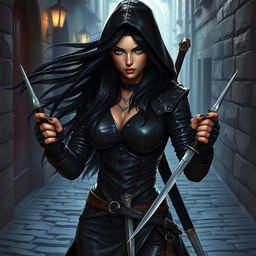 A stunning female rogue character with long, luscious black hair flowing from her hood