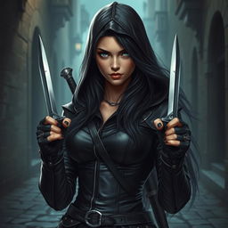 A stunning female rogue character with long, luscious black hair flowing from her hood