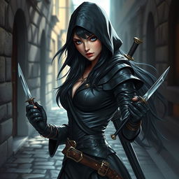 A stunning female rogue character with long, luscious black hair flowing from her hood