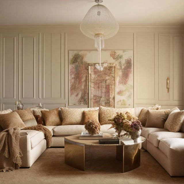 A classically elegant and cosy living room with a warm color palette, lush textiles, a comfortable sectional sofa, a chic coffee table, stylish wall art, and ambient lighting.