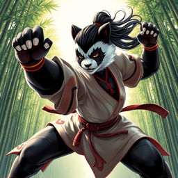 A fierce female panda warrior in a dynamic kung fu pose, exuding strength and agility