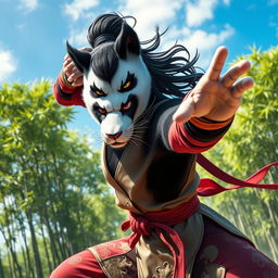 A fierce female panda warrior in a dynamic kung fu pose, exuding strength and agility