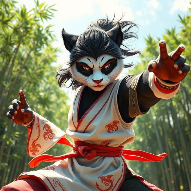 A fierce female panda warrior in a dynamic kung fu pose, exuding strength and agility