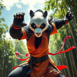 A fierce female panda warrior in a dynamic kung fu pose, exuding strength and agility