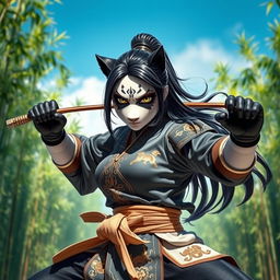 A striking female panda warrior embodying the essence of kung fu, with features inspired by a panther