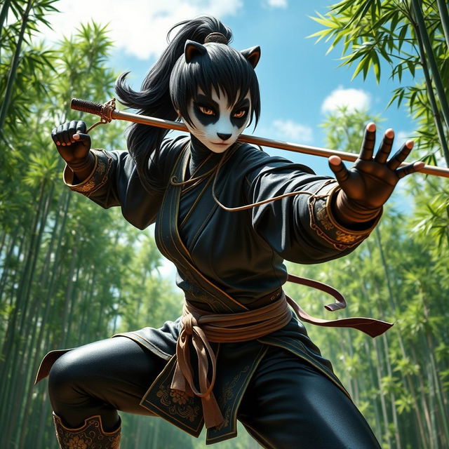 A striking female panda warrior embodying the essence of kung fu, with features inspired by a panther