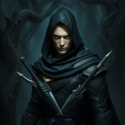 A male Shadar Kai Rogue Assassin stands poised in the shadows, wearing dark, intricate leather armor that blends seamlessly with the dimly lit environment