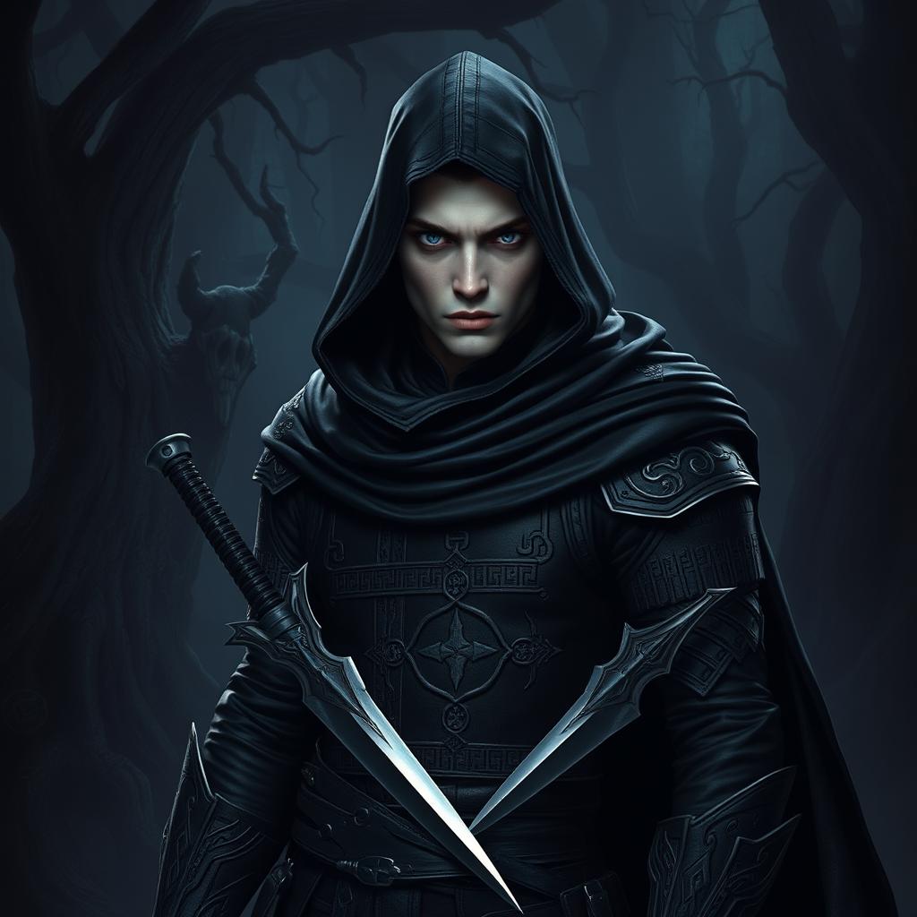 A male Shadar Kai Rogue Assassin stands poised in the shadows, wearing dark, intricate leather armor that blends seamlessly with the dimly lit environment