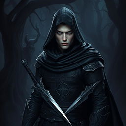 A male Shadar Kai Rogue Assassin stands poised in the shadows, wearing dark, intricate leather armor that blends seamlessly with the dimly lit environment