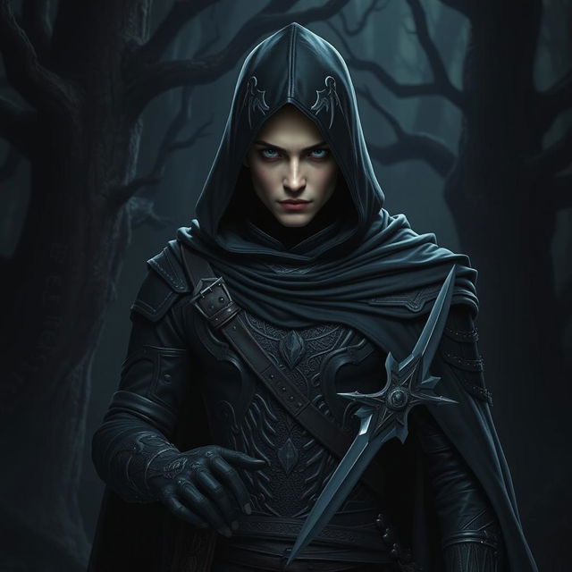 A male Shadar Kai Rogue Assassin stands poised in the shadows, wearing dark, intricate leather armor that blends seamlessly with the dimly lit environment